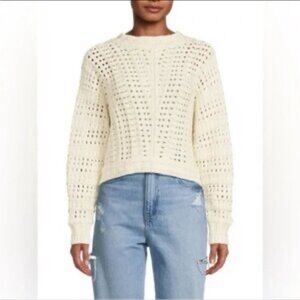 Elie Tahari Eyelet Knit Pullover Sweater Ivory L Dolman Sleeve Boxy Crewneck